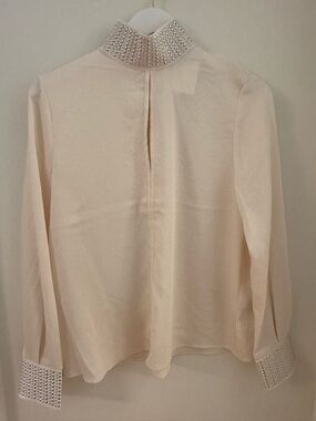 H&M Cream High-Neck Blouse with Jeweled Collar and Cuffs NWT